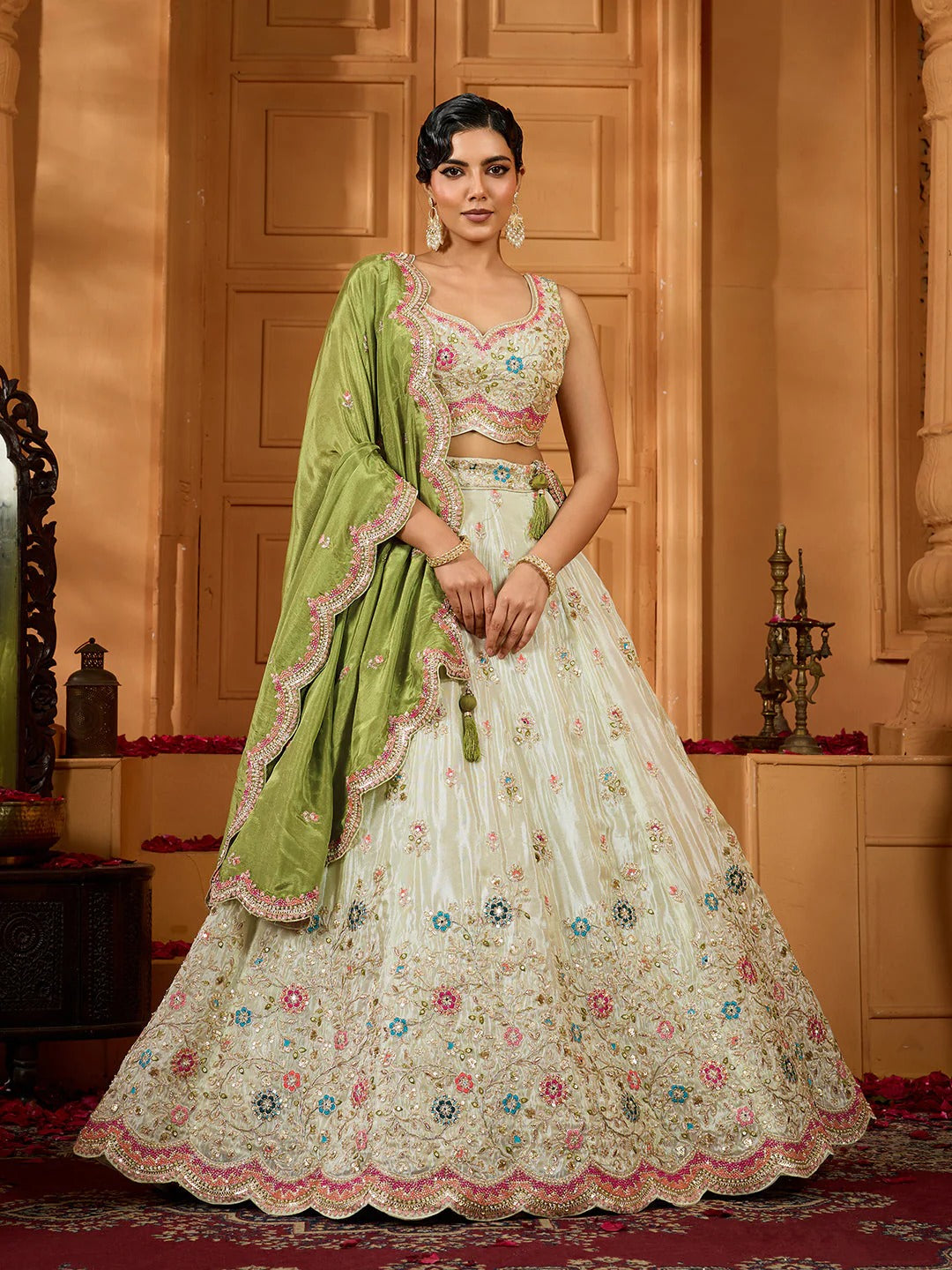 Lime green tissue lehenga with beads stone embroidery
