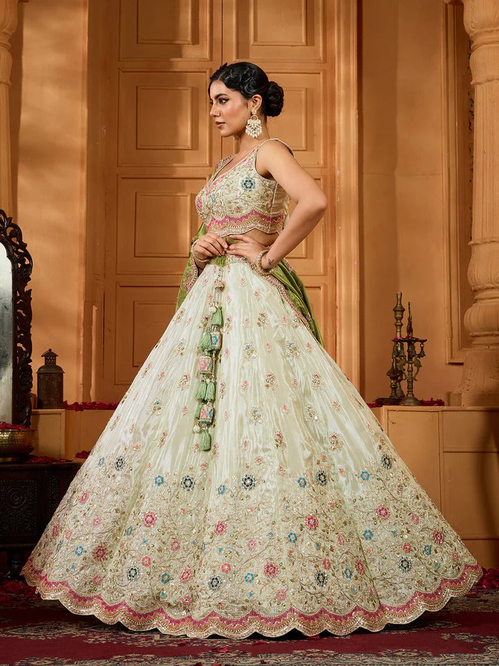 Lime green tissue lehenga with beads stone embroidery