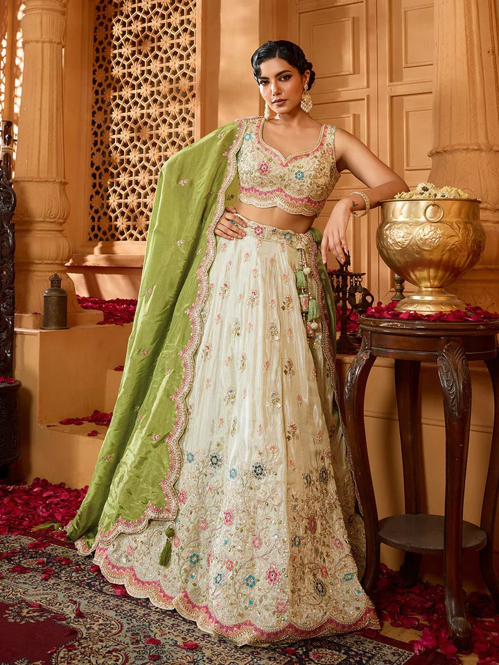 Lime green tissue lehenga with beads stone embroidery