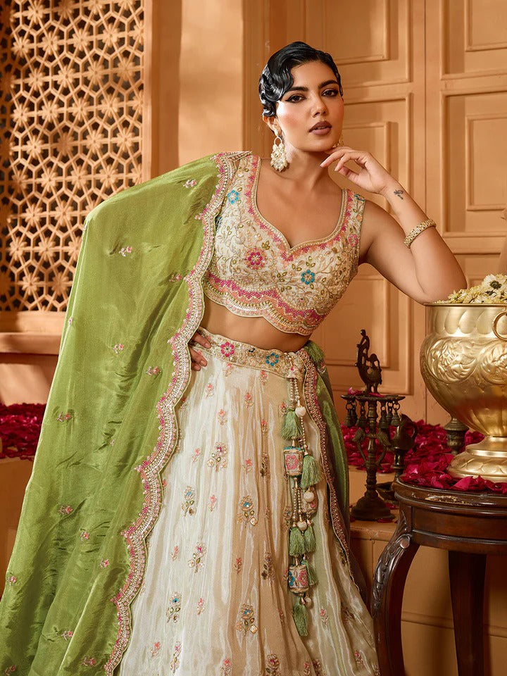 Lime green tissue lehenga with beads stone embroidery