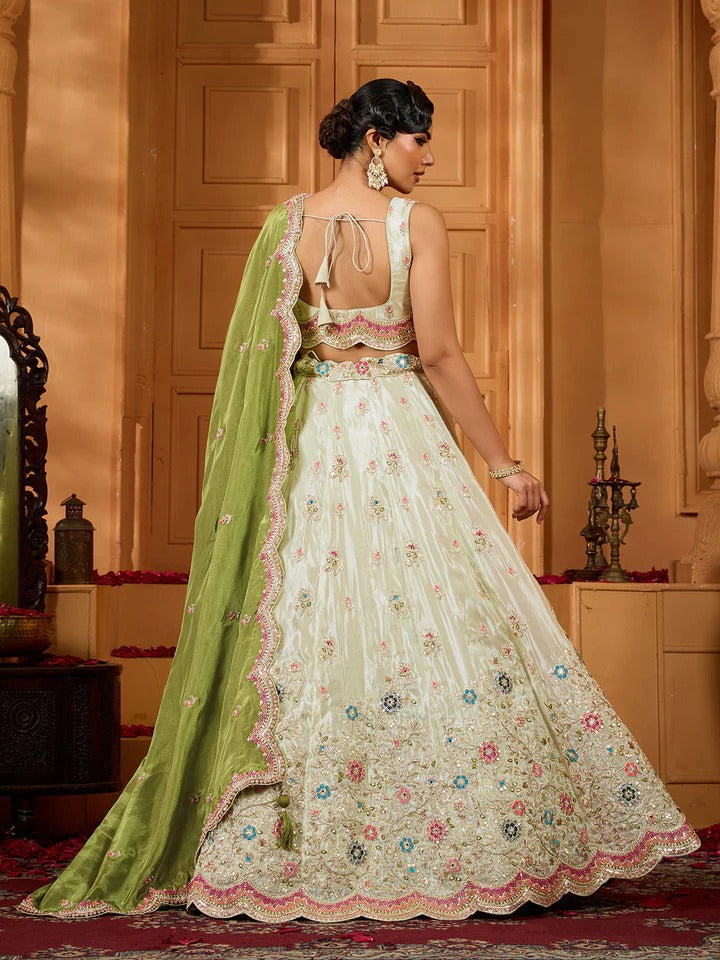 Lime green tissue lehenga with beads stone embroidery