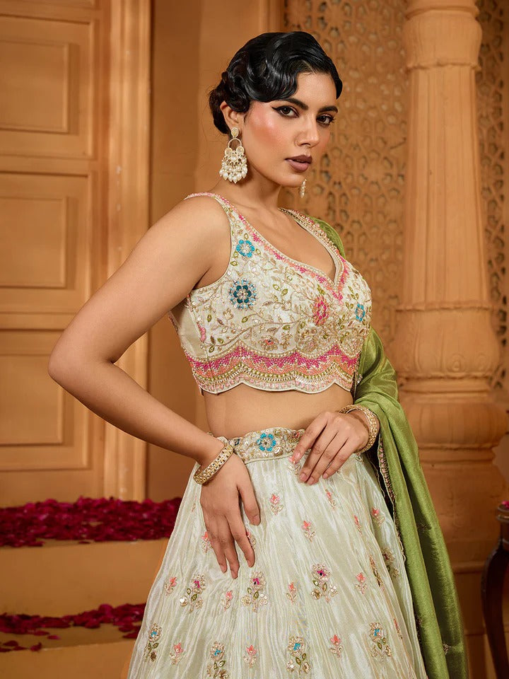 Lime green tissue lehenga with beads stone embroidery