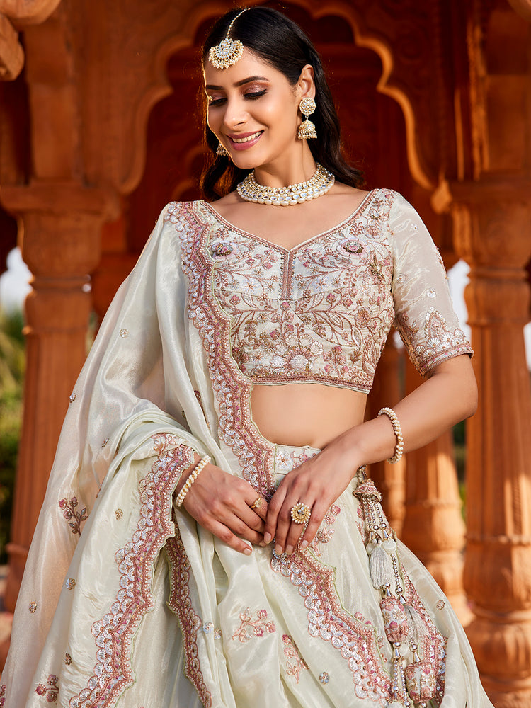 Lime Green Tissue Sequinse embroidery Semi-Stitched Lehenga choli & Dupatta