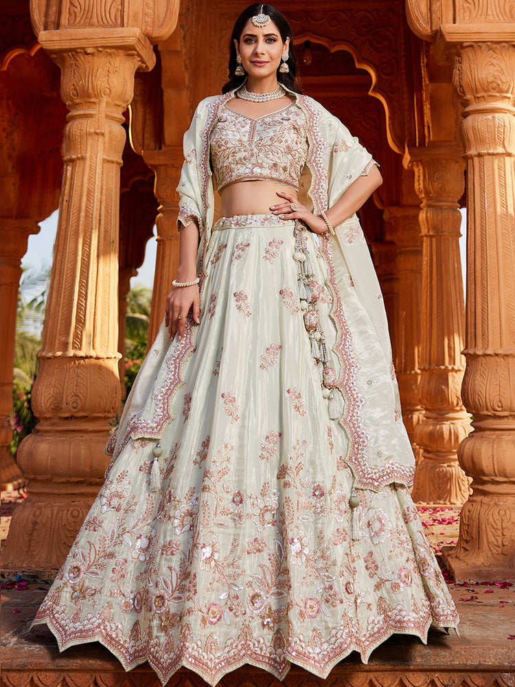 Lime Green Tissue Sequinse embroidery Semi-Stitched Lehenga choli & Dupatta