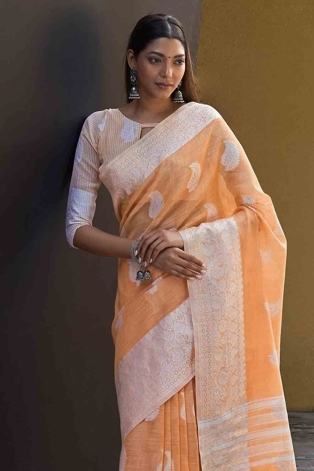 Candlelight Orange Linen Saree
