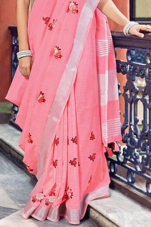 Carnation Pink Linen Saree