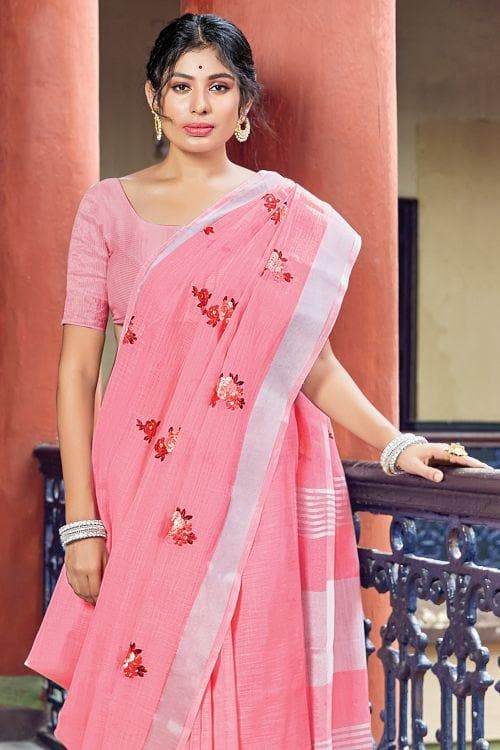 Carnation Pink Linen Saree