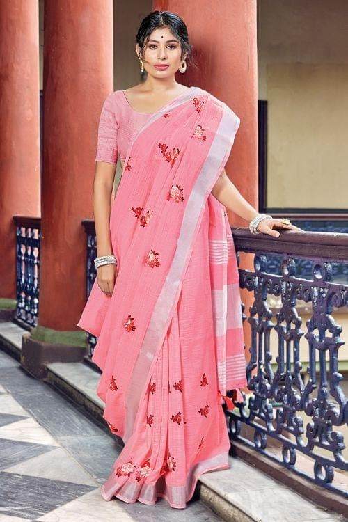 Carnation Pink Linen Saree