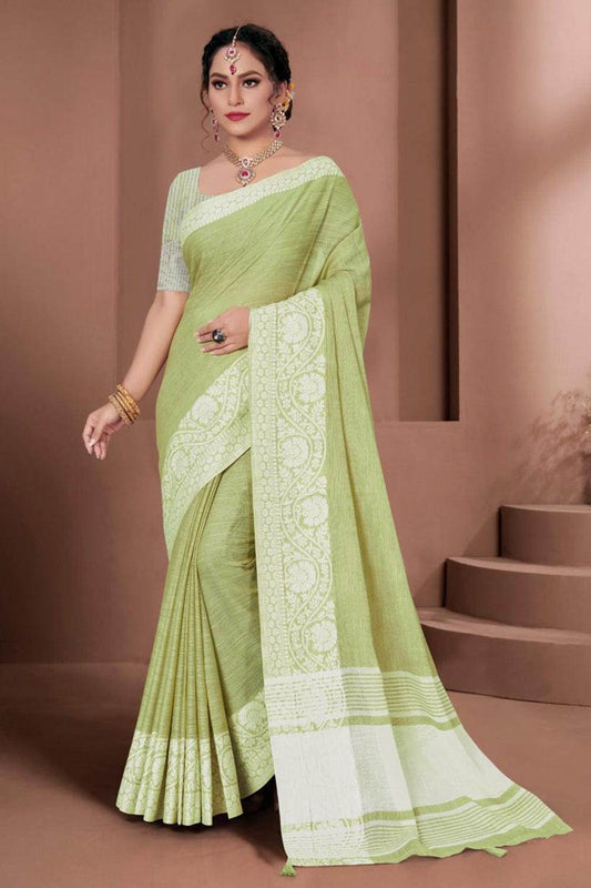 Chartreuse Green Linen Saree