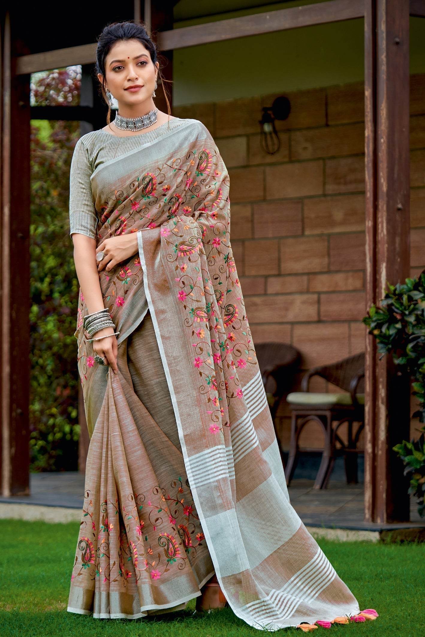 Fawn Brown Linen Saree