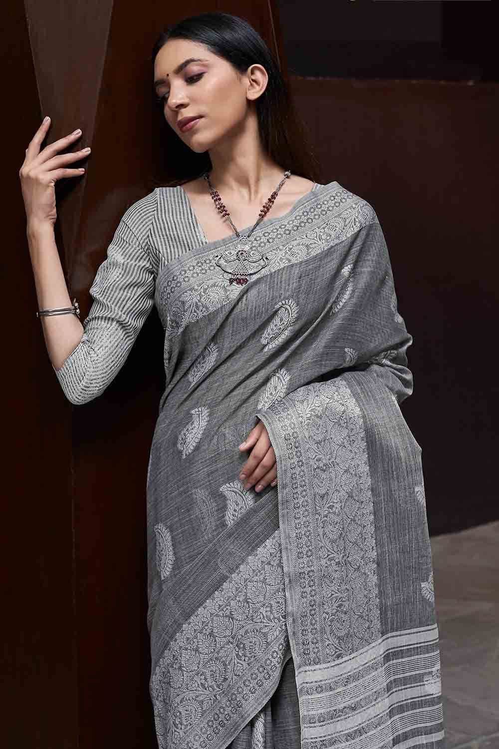Iron Grey Linen Saree
