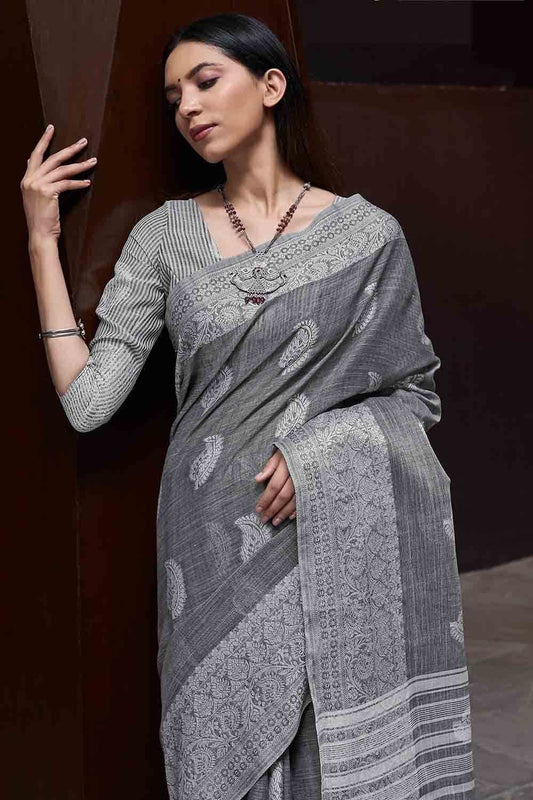 Iron Grey Linen Saree