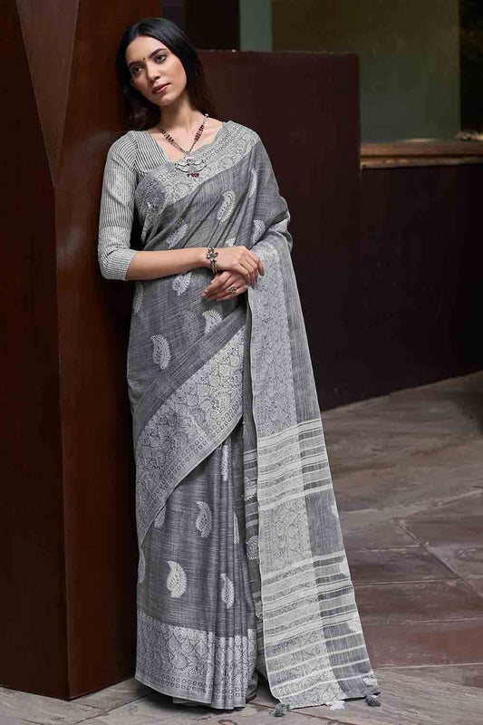 Iron Grey Linen Saree