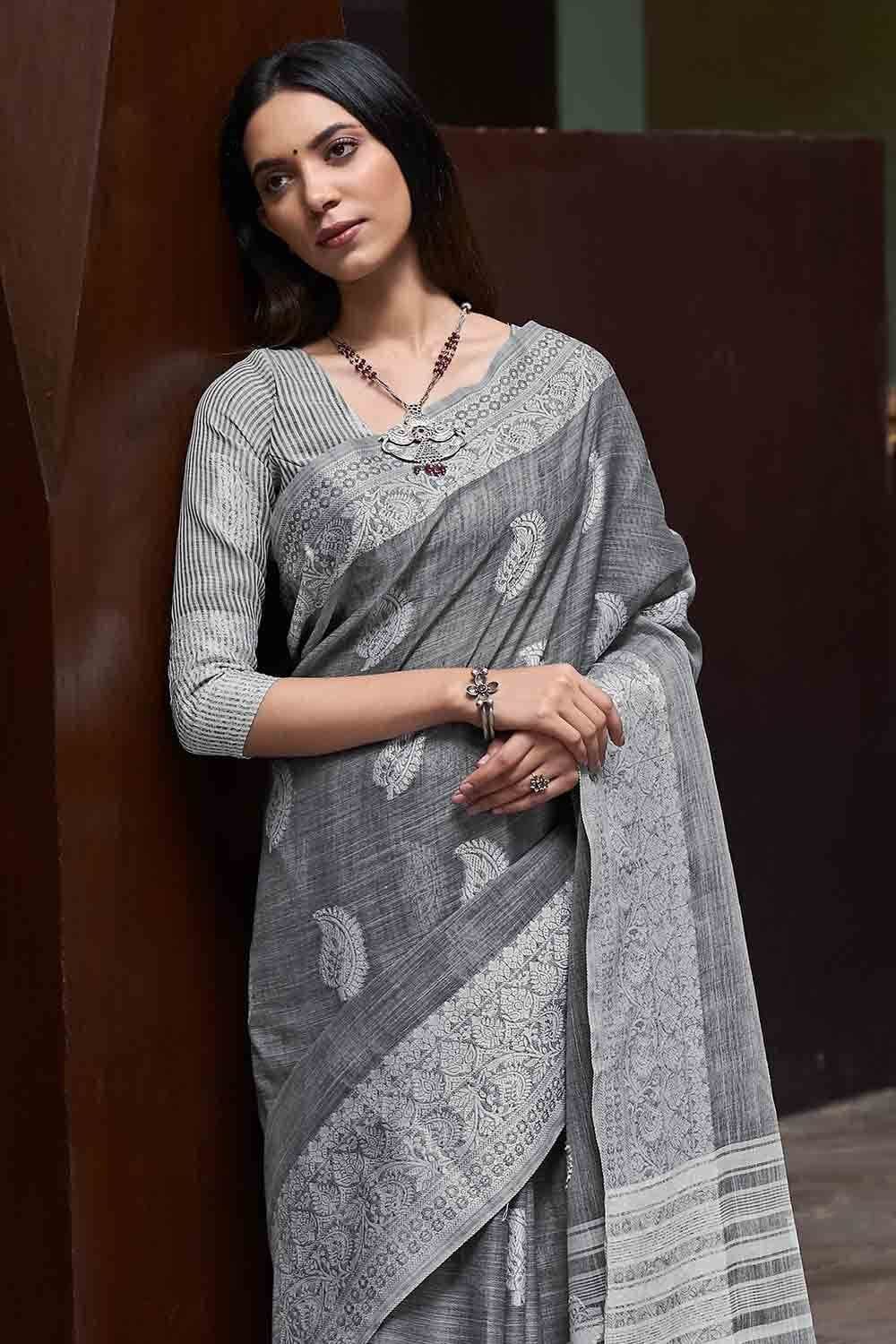 Iron Grey Linen Saree