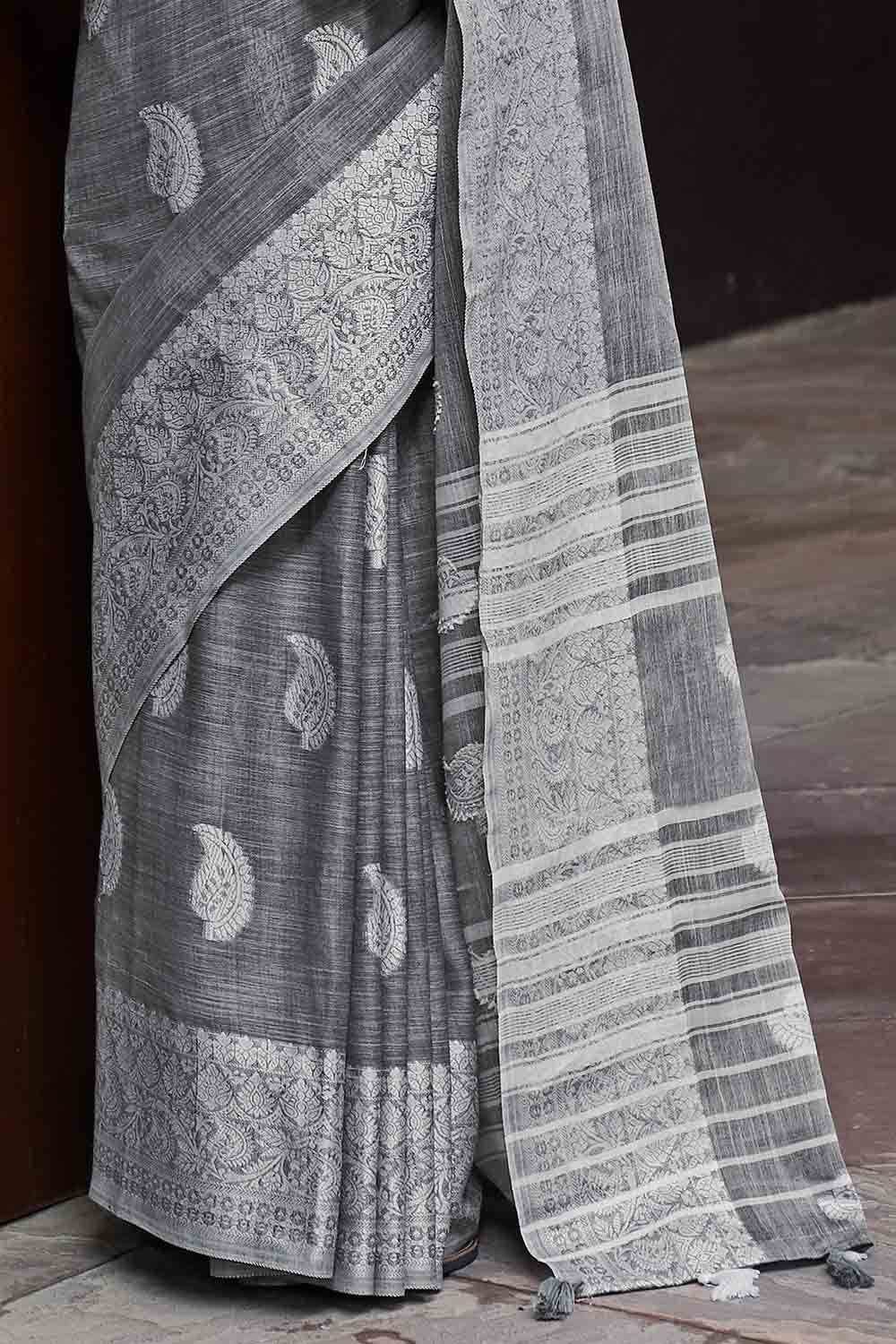 Iron Grey Linen Saree