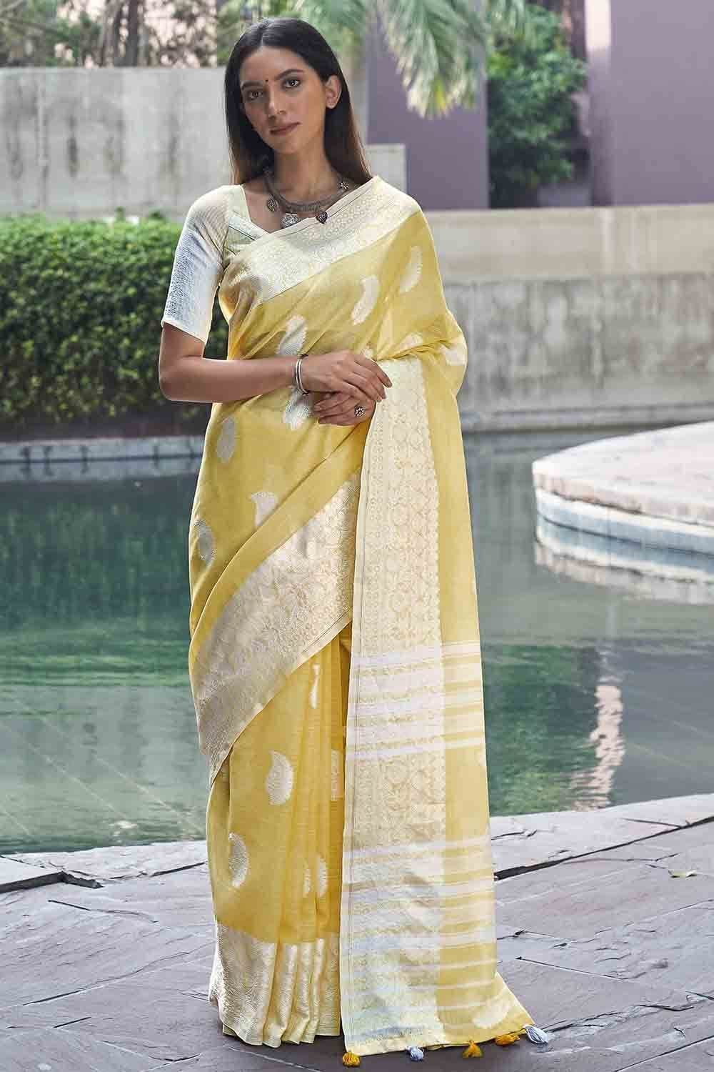 Lemon Yellow Linen Saree