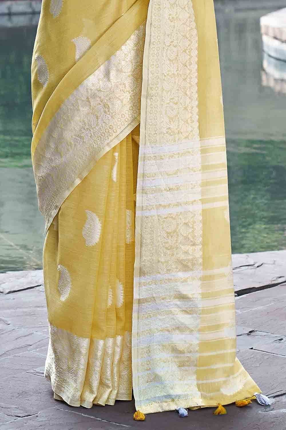 Lemon Yellow Linen Saree