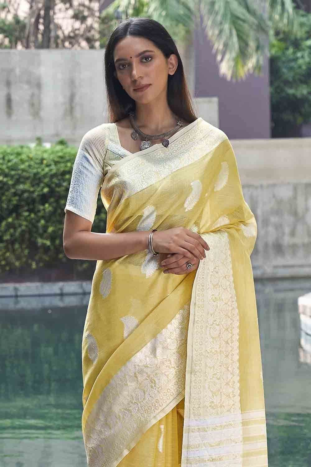 Lemon Yellow Linen Saree