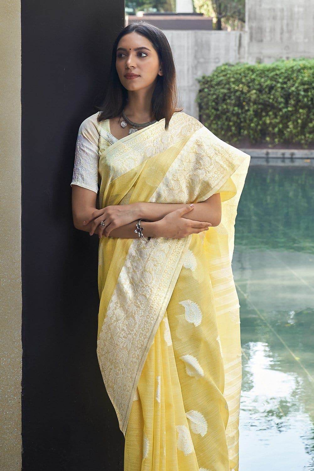 Lemon Yellow Linen Saree