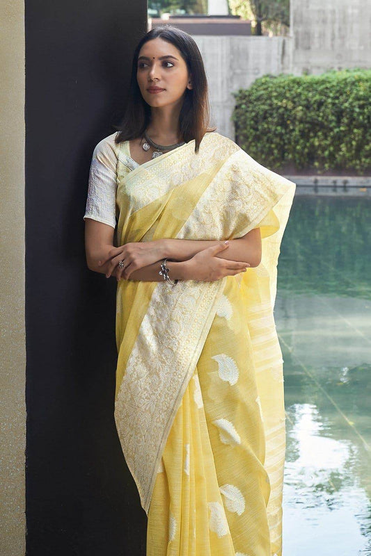 Lemon Yellow Linen Saree