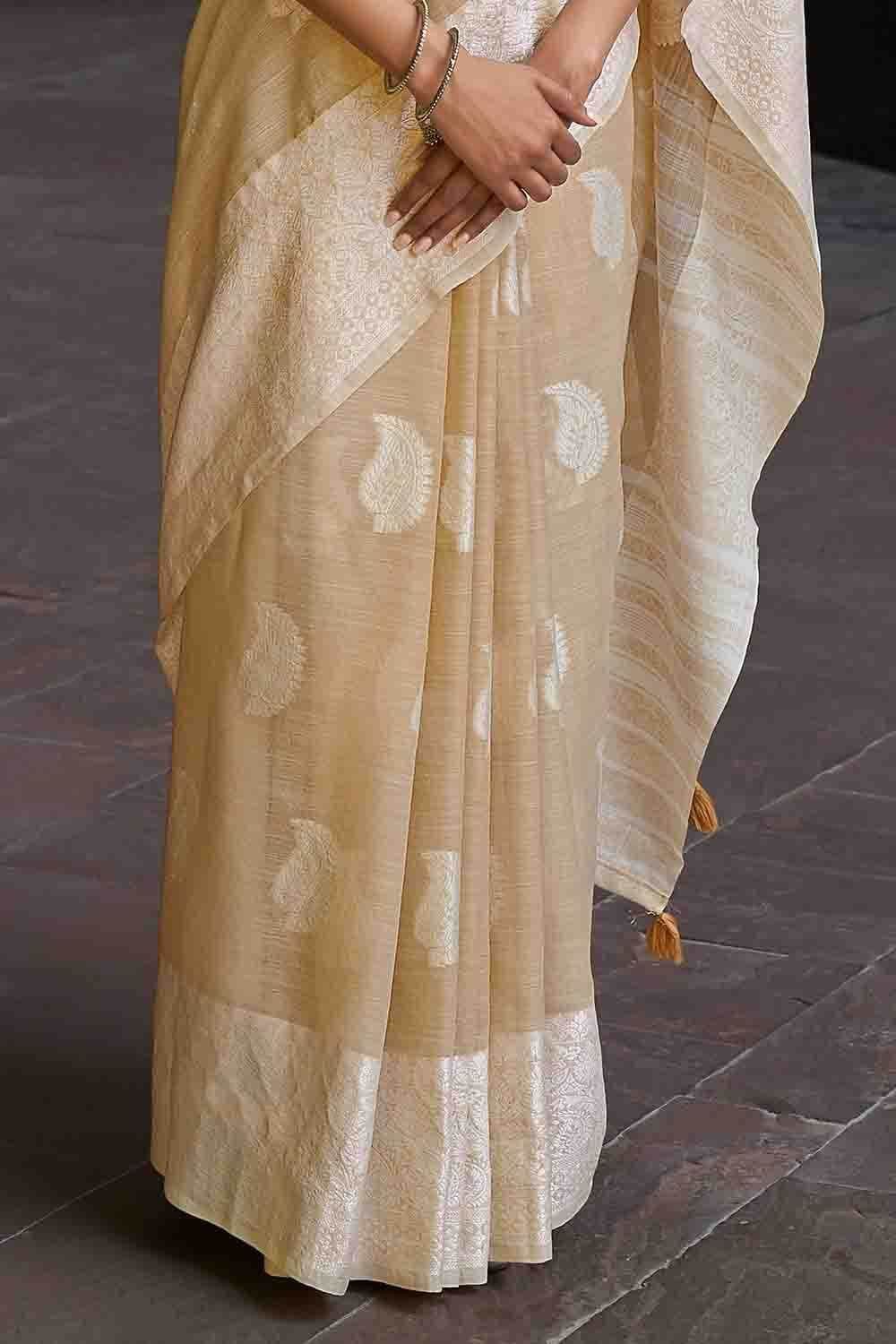 Light Mustard Brown Linen Saree
