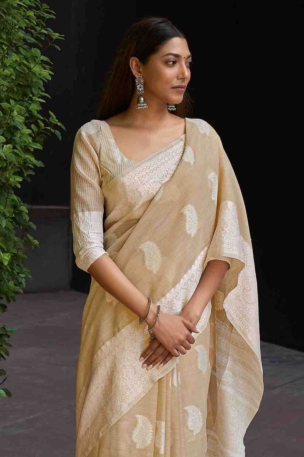 Light Mustard Brown Linen Saree