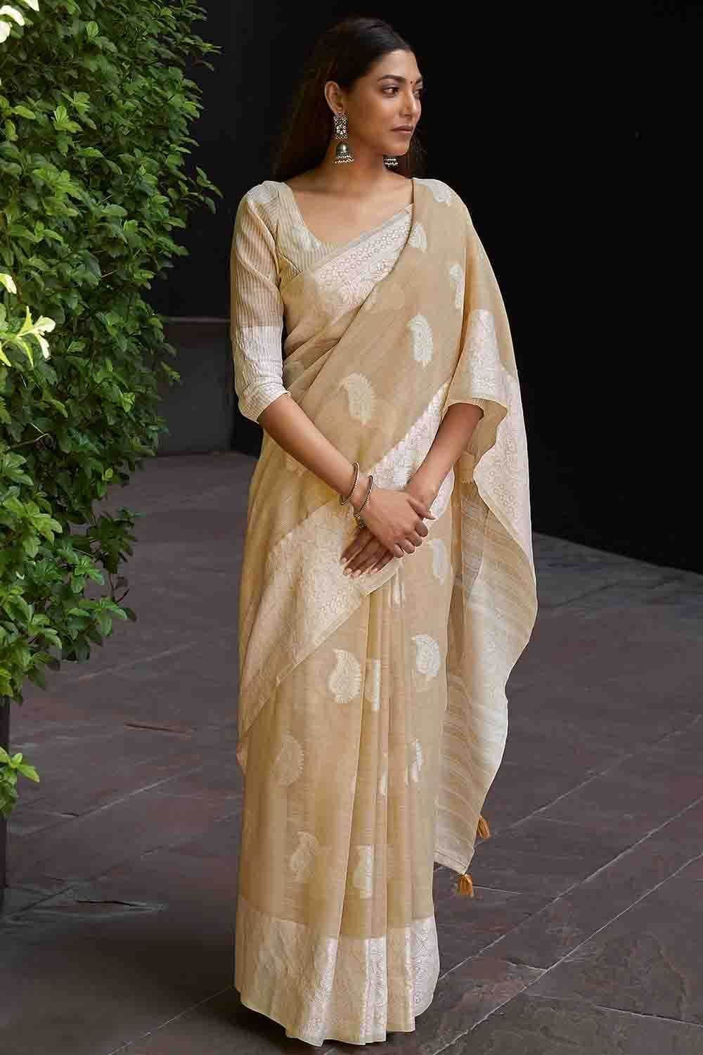 Light Mustard Brown Linen Saree