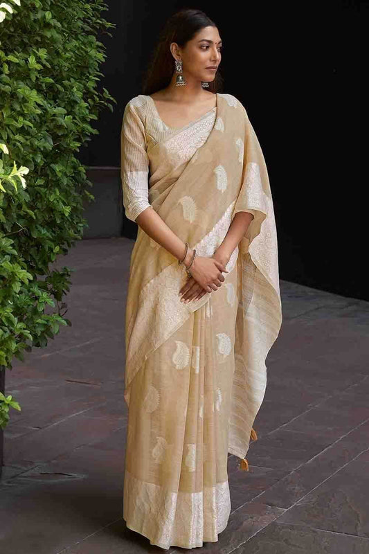 Light Mustard Brown Linen Saree