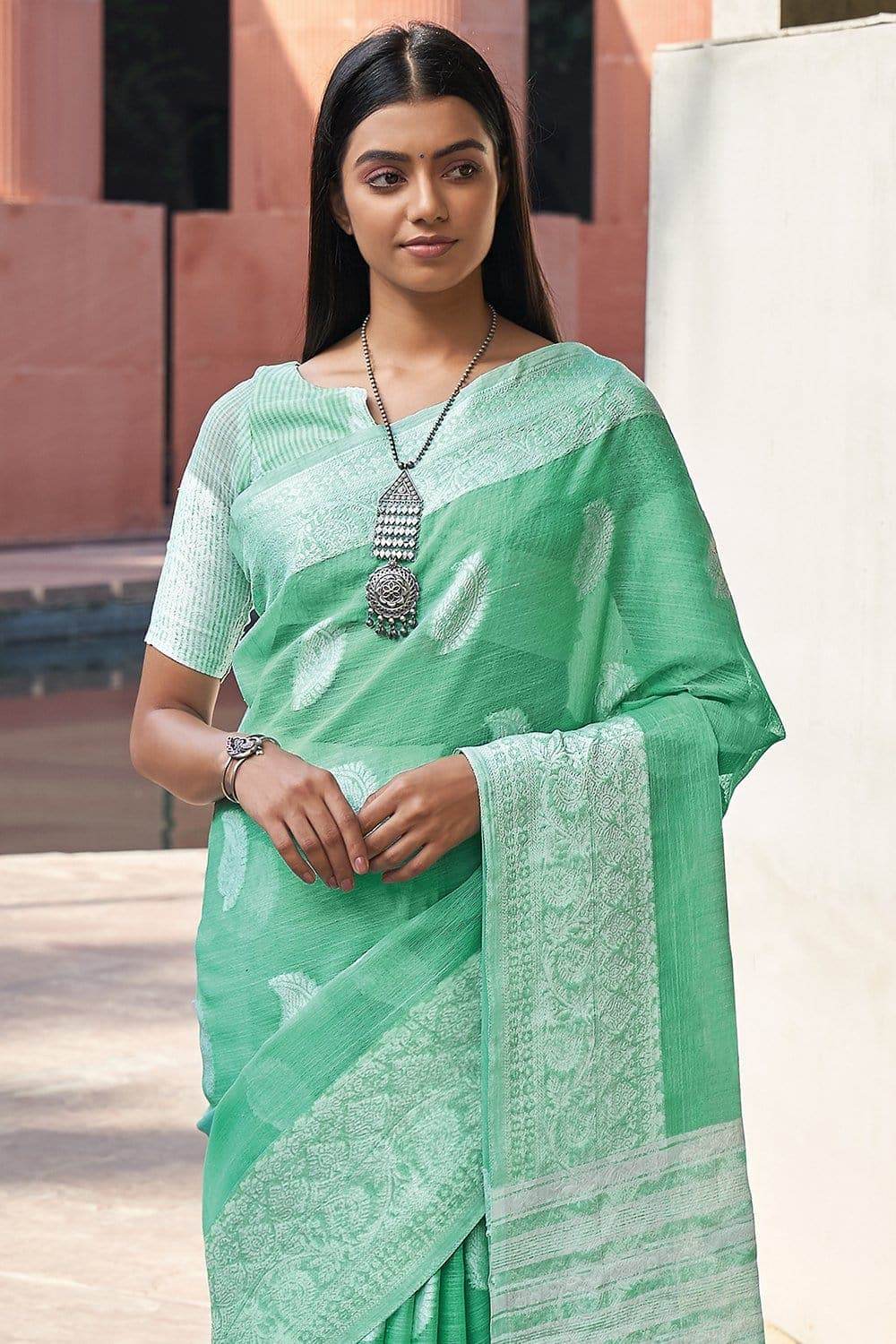 Mint Green Linen Saree