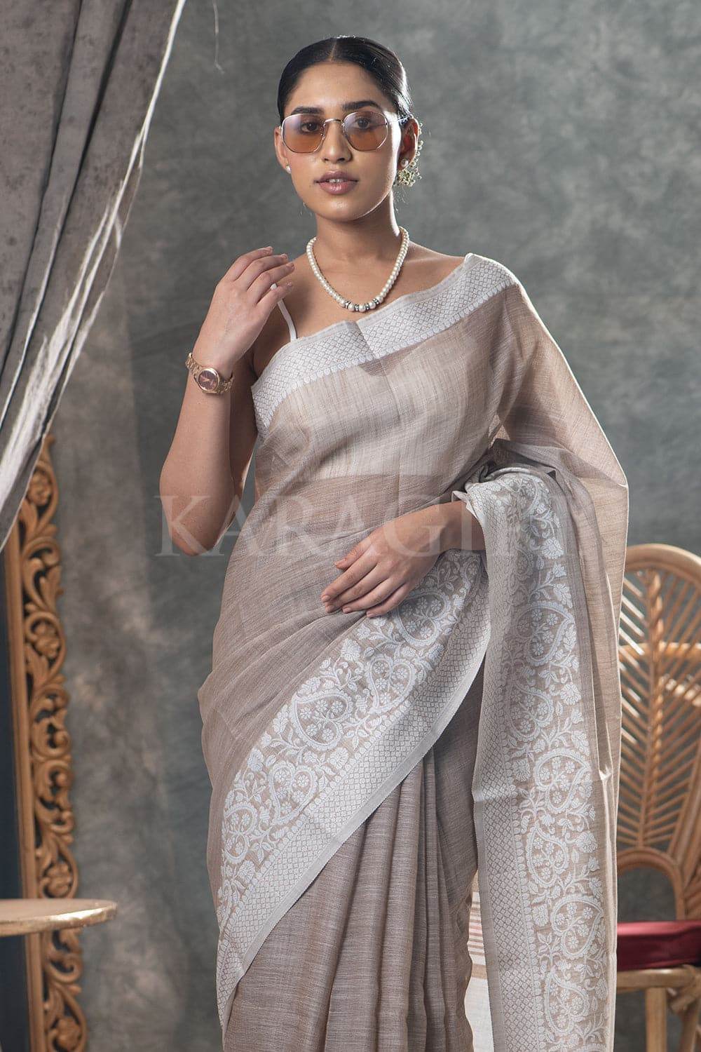 Tan Beige Linen Saree