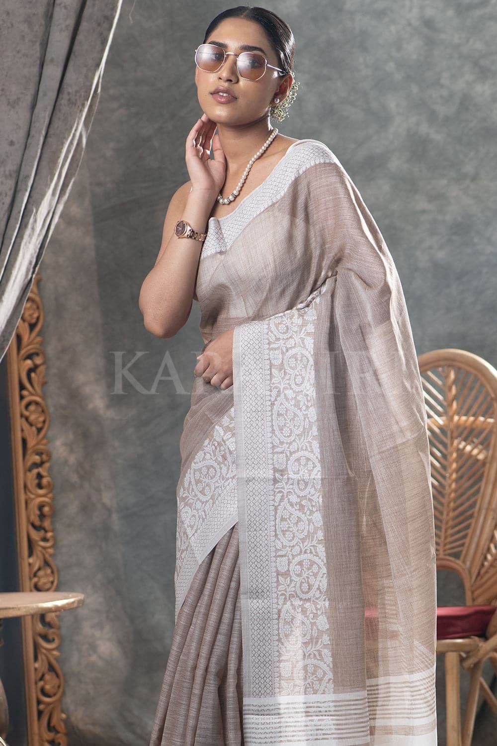 Tan Beige Linen Saree