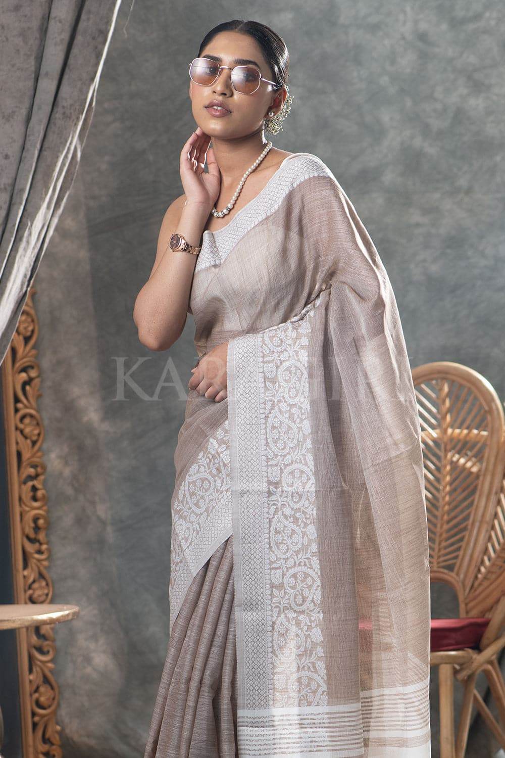 Tan Beige Linen Saree