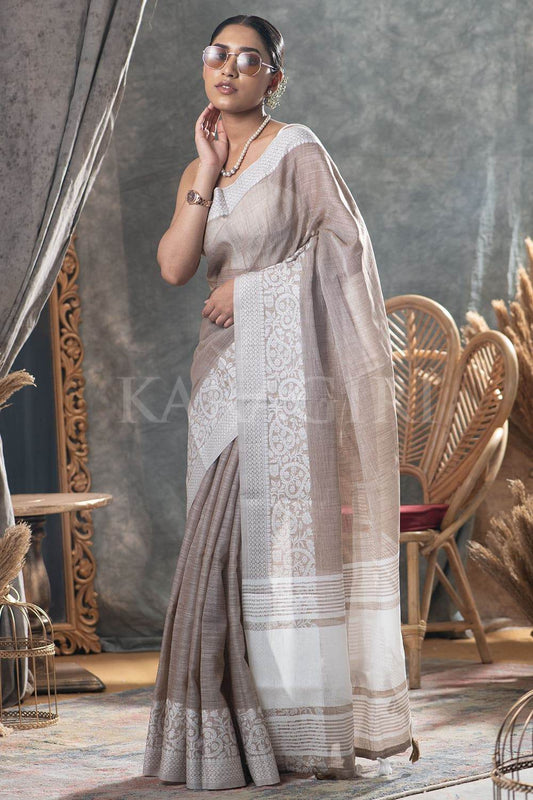 Tan Beige Linen Saree