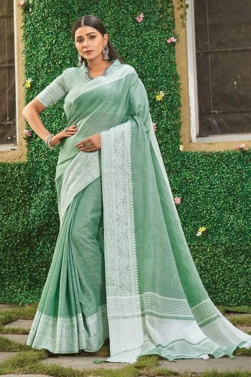 Teal Green Linen Saree