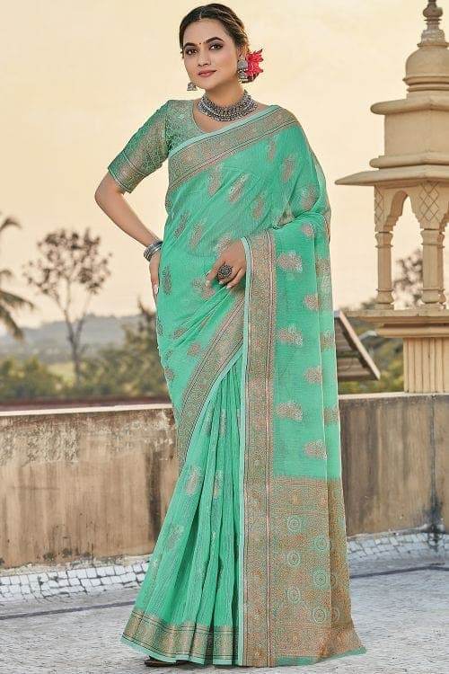 Turquoise Blue Linen Saree