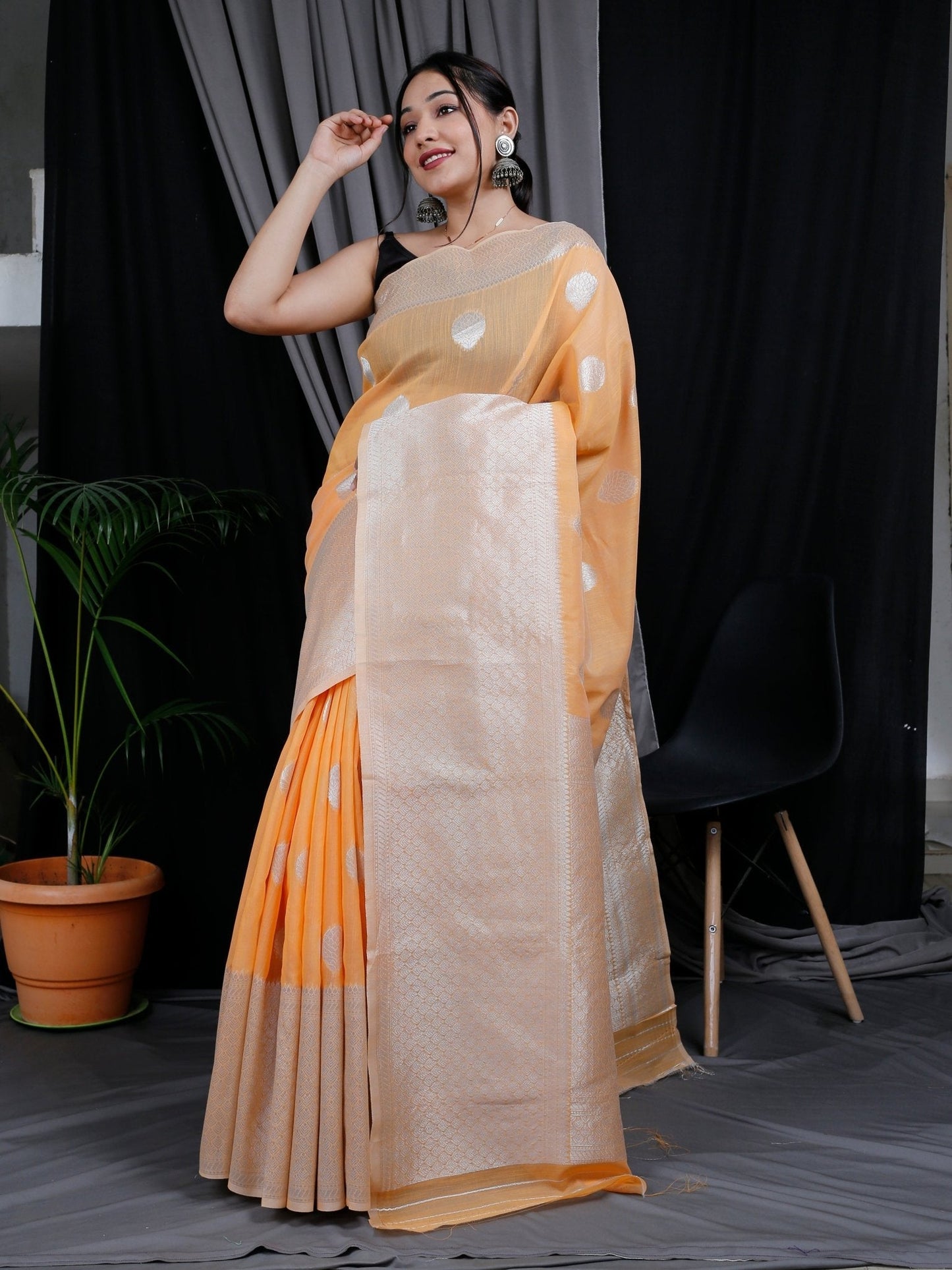 Orange Saree in Linen Silk with Silver Zari Woven and Big Border