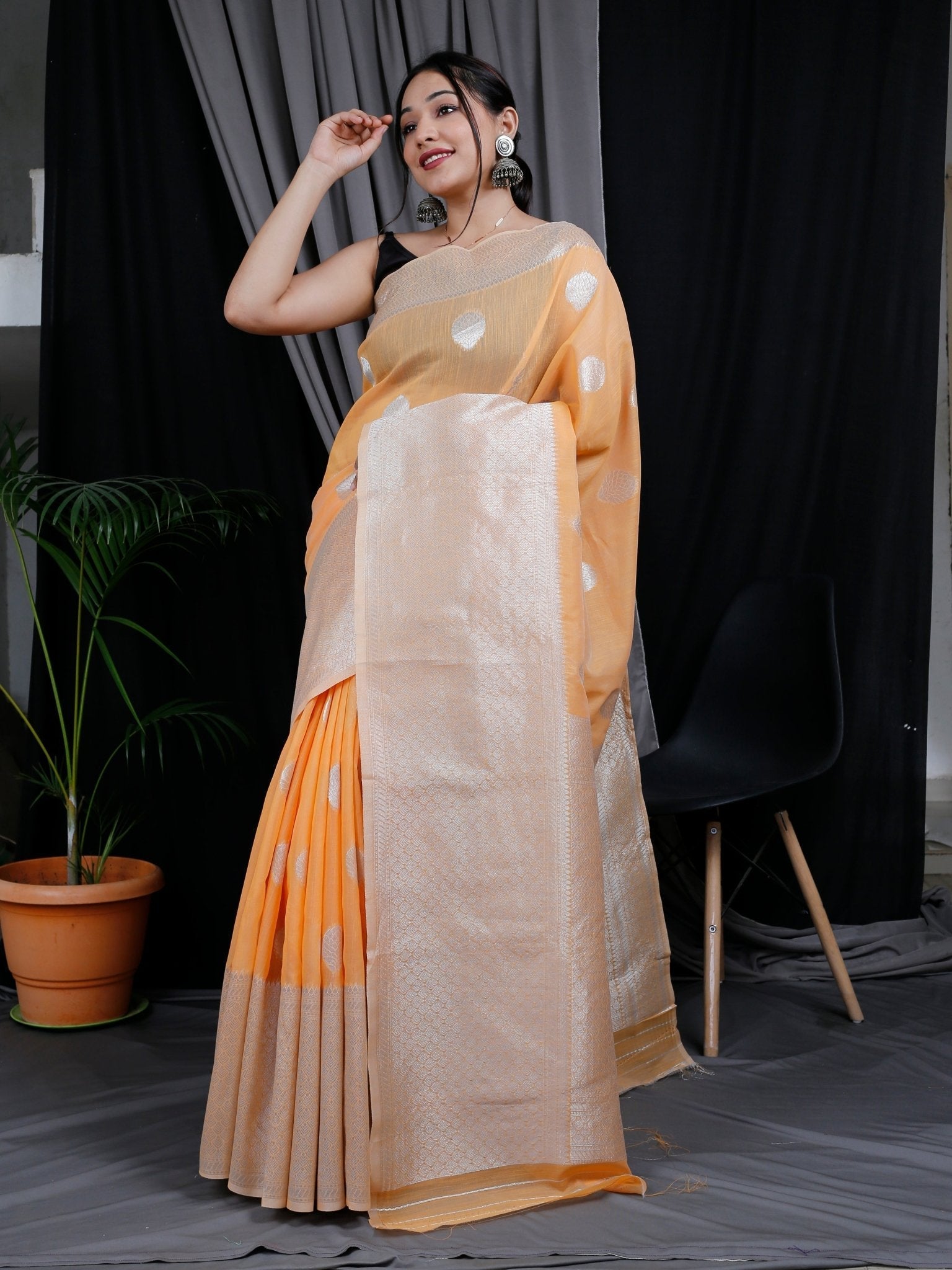Orange Saree in Linen Silk with Silver Zari Woven and Big Border