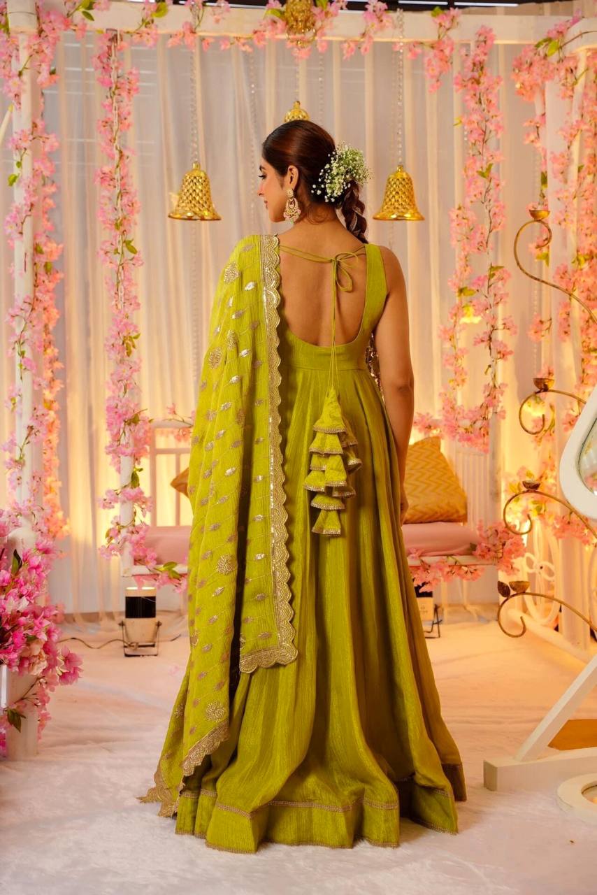 Liril Designer Roman Silk Anarkali Suit with Sequins & Zari Lace Work