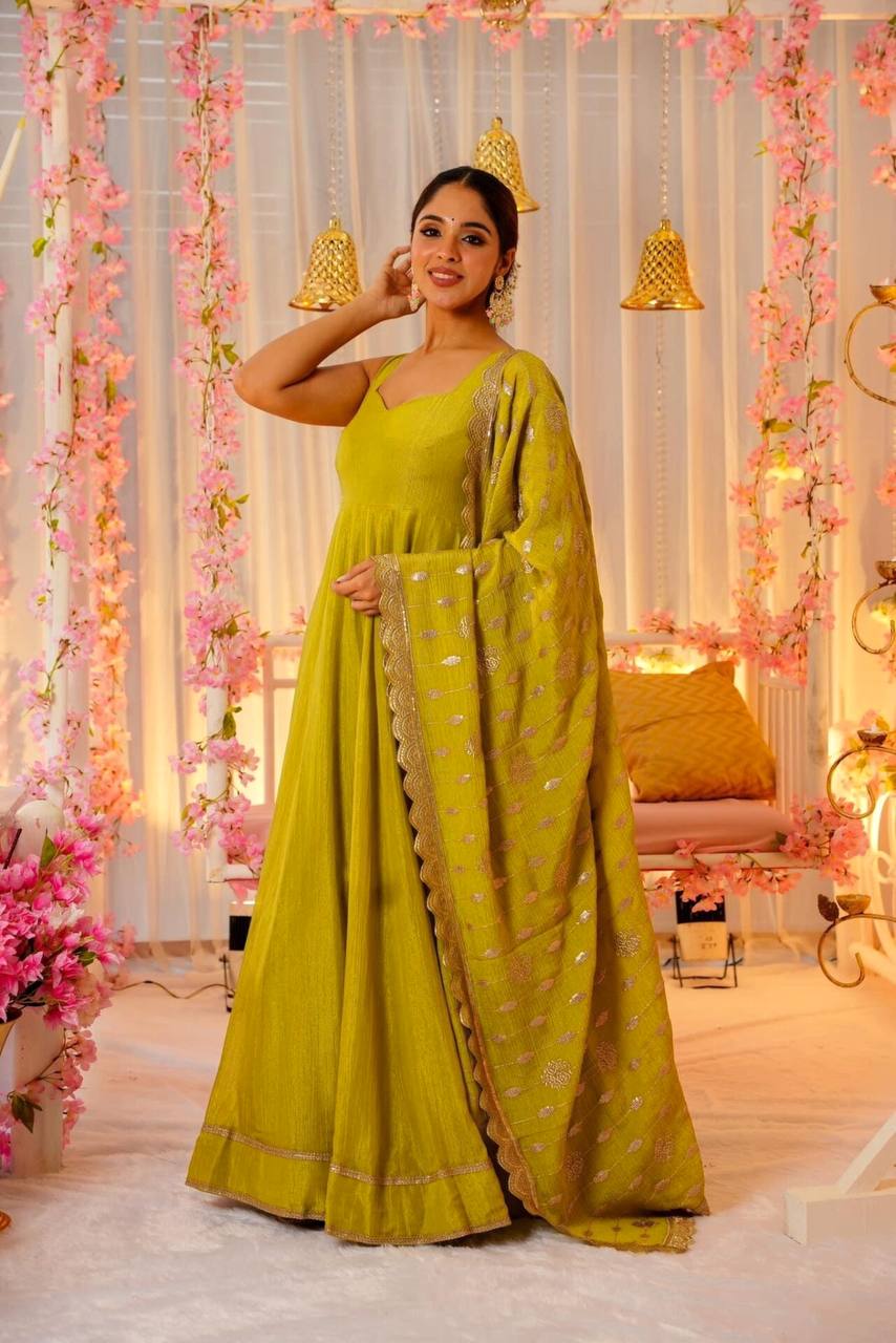 Liril Designer Roman Silk Anarkali Suit with Sequins & Zari Lace Work