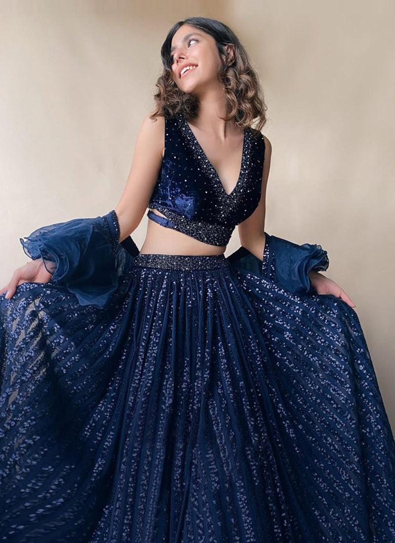 Low Cut Neck Navy Blue Designer Chaniya Choli