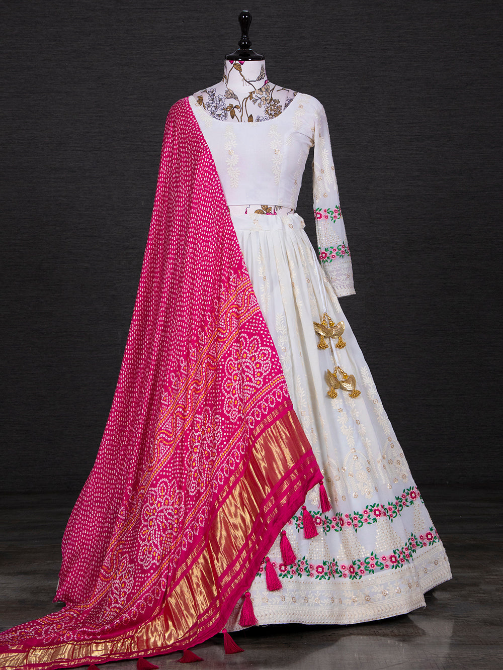 White Color Lucknowi Embroidery Work Georgette Lehenga Set