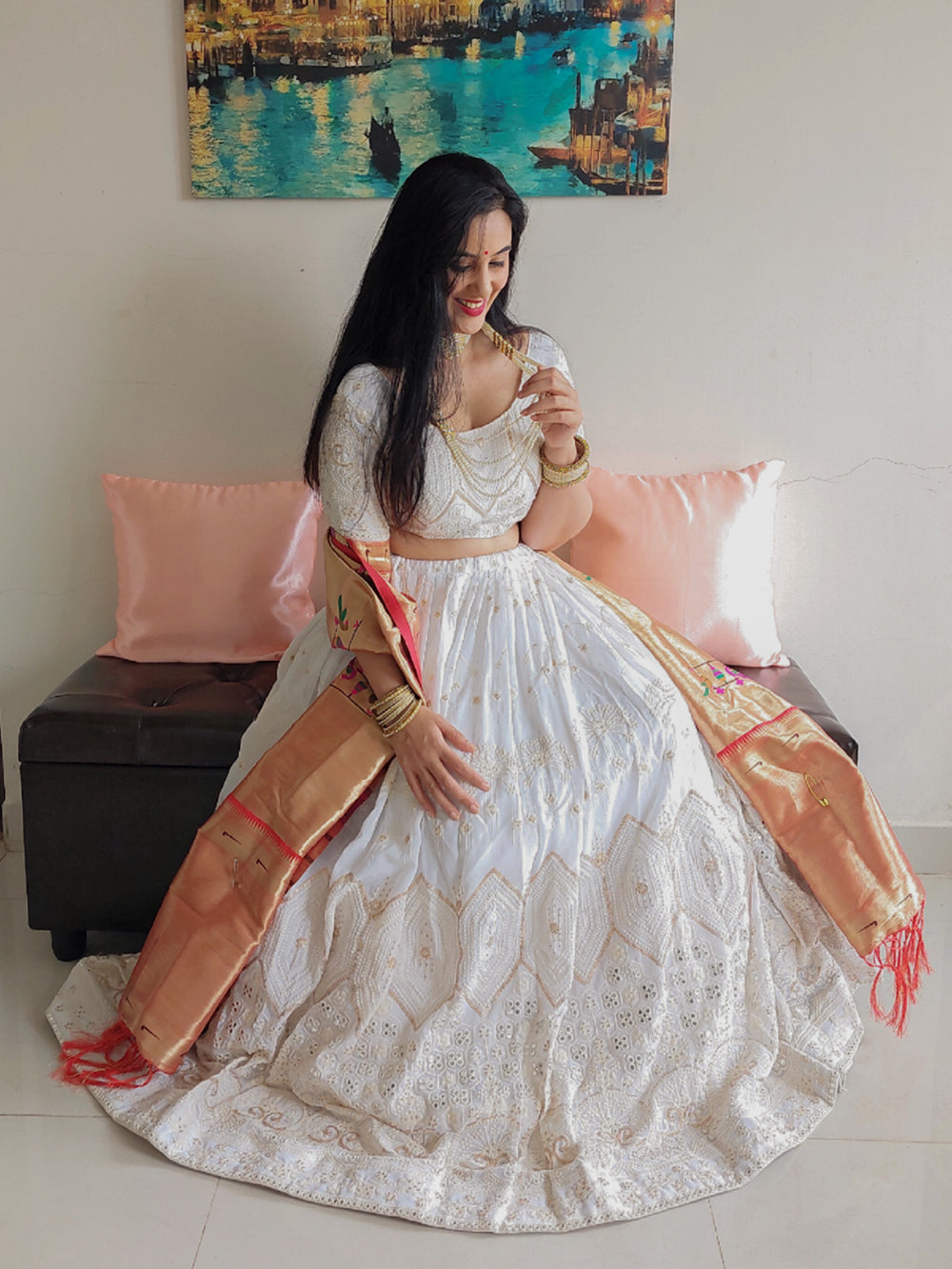 White Color Lucknowi Sequins & Paper Mirror Work Georgette Lehenga Choli Sets