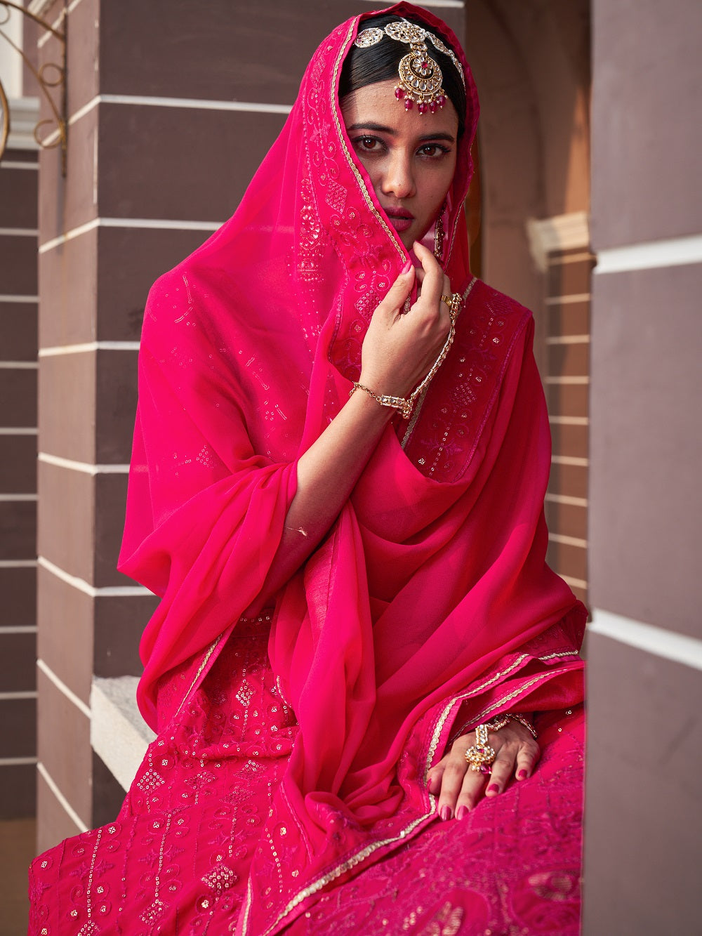 Rani Pink Color Lucknowi With Sequins Work Georgette Lehenga Choli