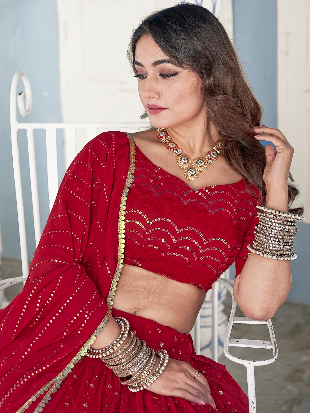 Red Color Lucknowi Thread & Sequins Embroidery Work Georgette Lehenga Choli