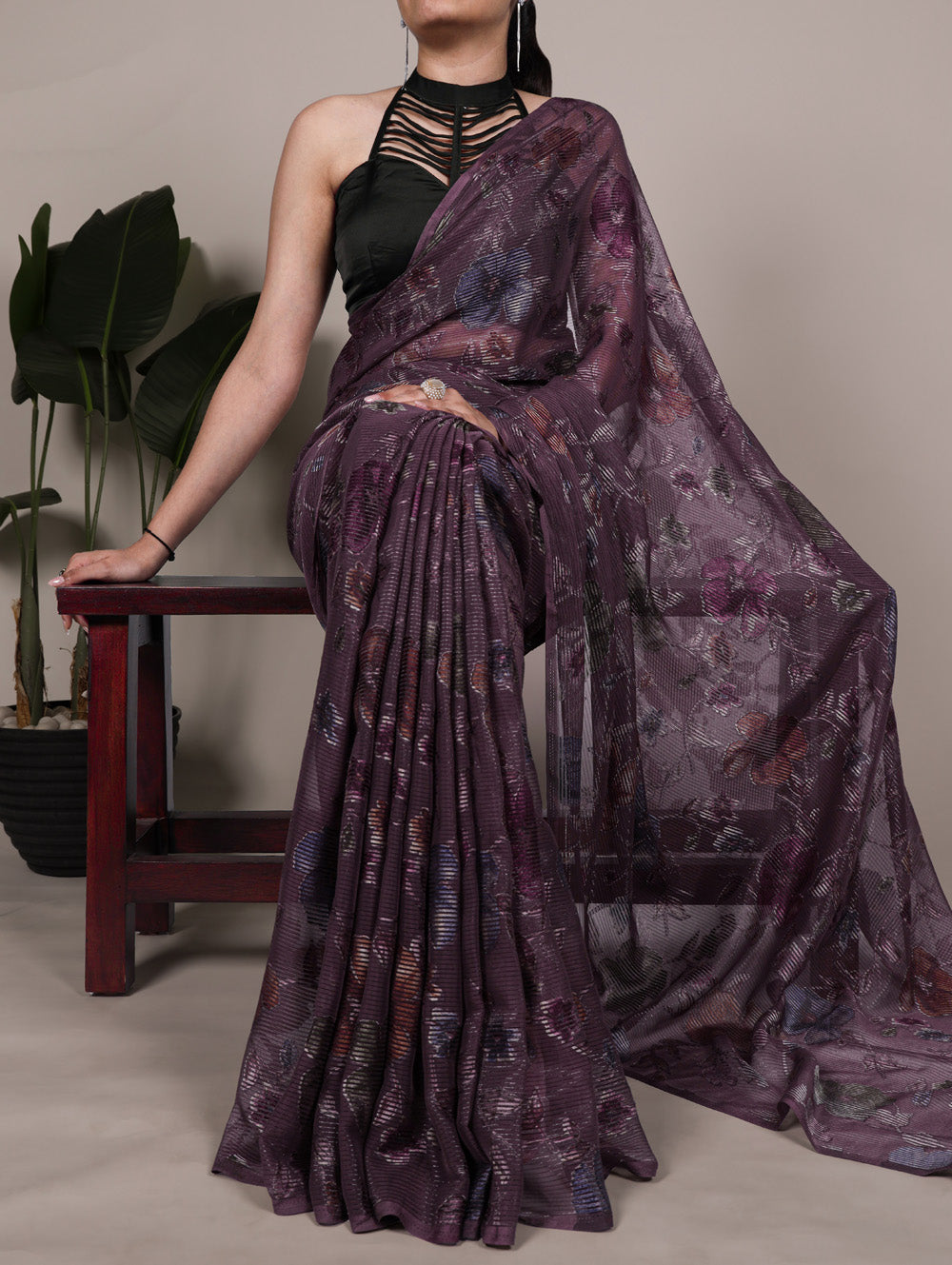 Wine lurex brasso saree with floral viscose brasso natural silk blouse