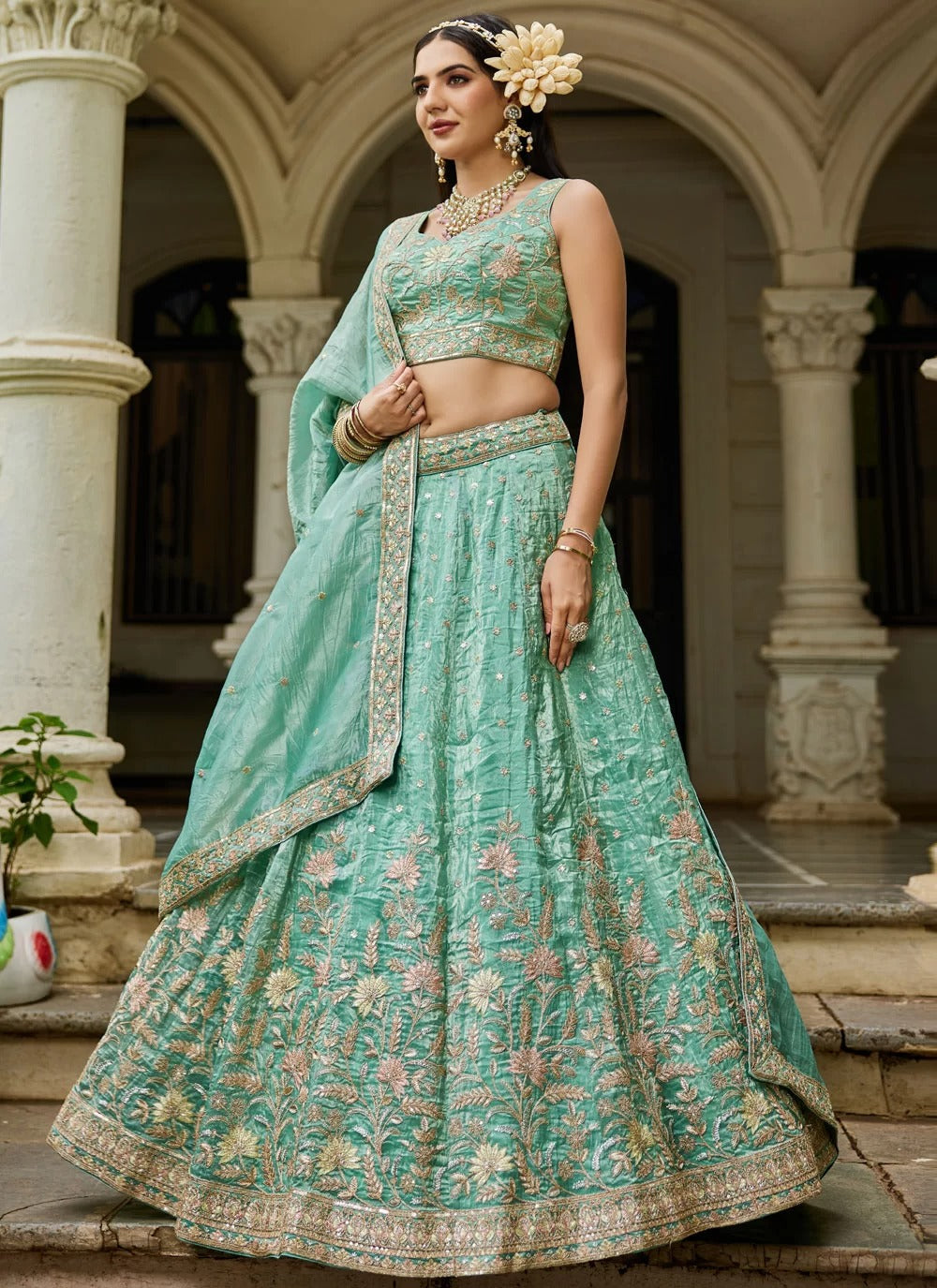 Lustrous sea green tissue wedding wear lehenga with sequins embroidery