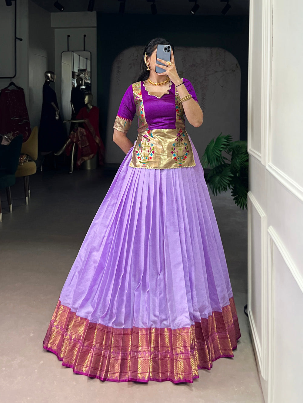 Lavender south indian style jacquard silk zari weaving lehenga choli with luxe zari border