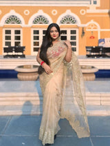 Gold Organza Saree with Sequins Red Corset Blouse for Grand Celebrations
