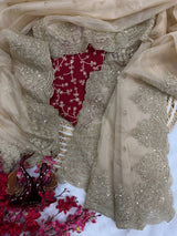 Gold Organza Saree with Sequins Red Corset Blouse for Grand Celebrations