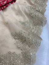 Gold Organza Saree with Sequins Red Corset Blouse for Grand Celebrations